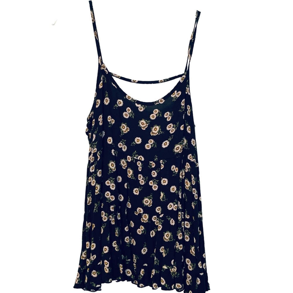 Poetry Tank‎ Top Adjustable Spaghetti Straps Flowy Navy With White Flowers